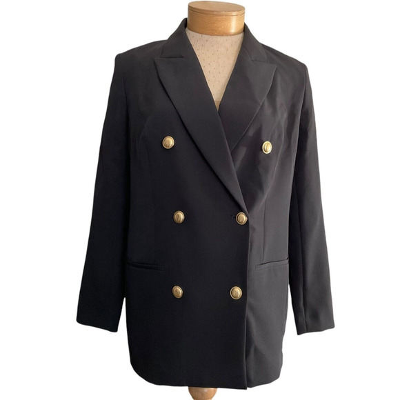 Express Editor Womens L Black Double Breasted Blazer Gold Button Notch Lapel New - Picture 1 of 10